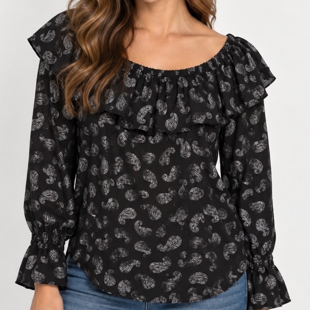 Michael Kors Paisley Ruffle Blouse Medium Black Silver Bell Sleeve Peasant Top